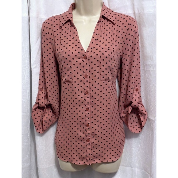 IZ BYER Dusty Rose  Black Polka Dot Button Down Blouse sz: M - Picture 6 of 6